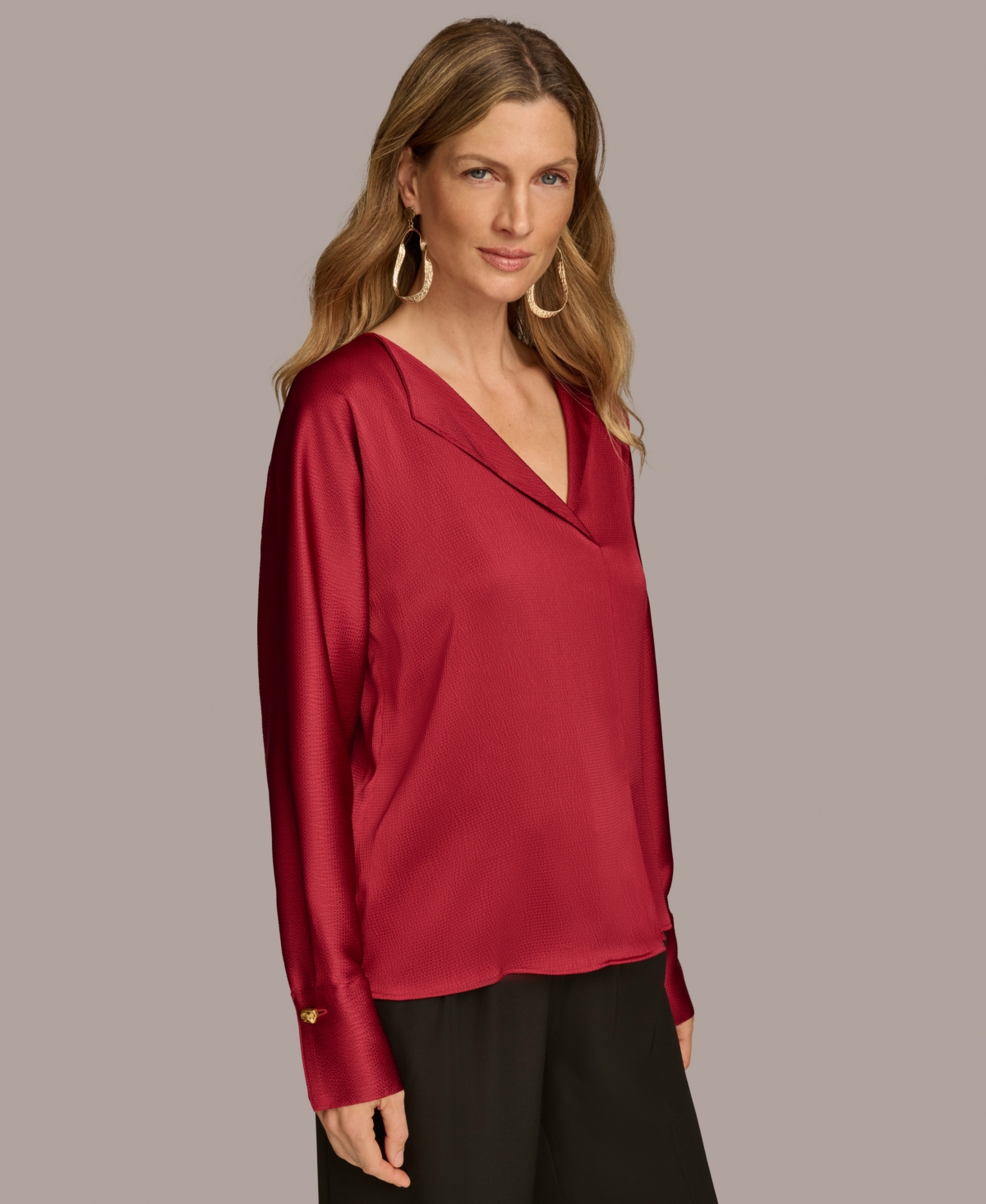 Donna Karan New York Women's Long-Sleeve V-Neck Satin Blouse