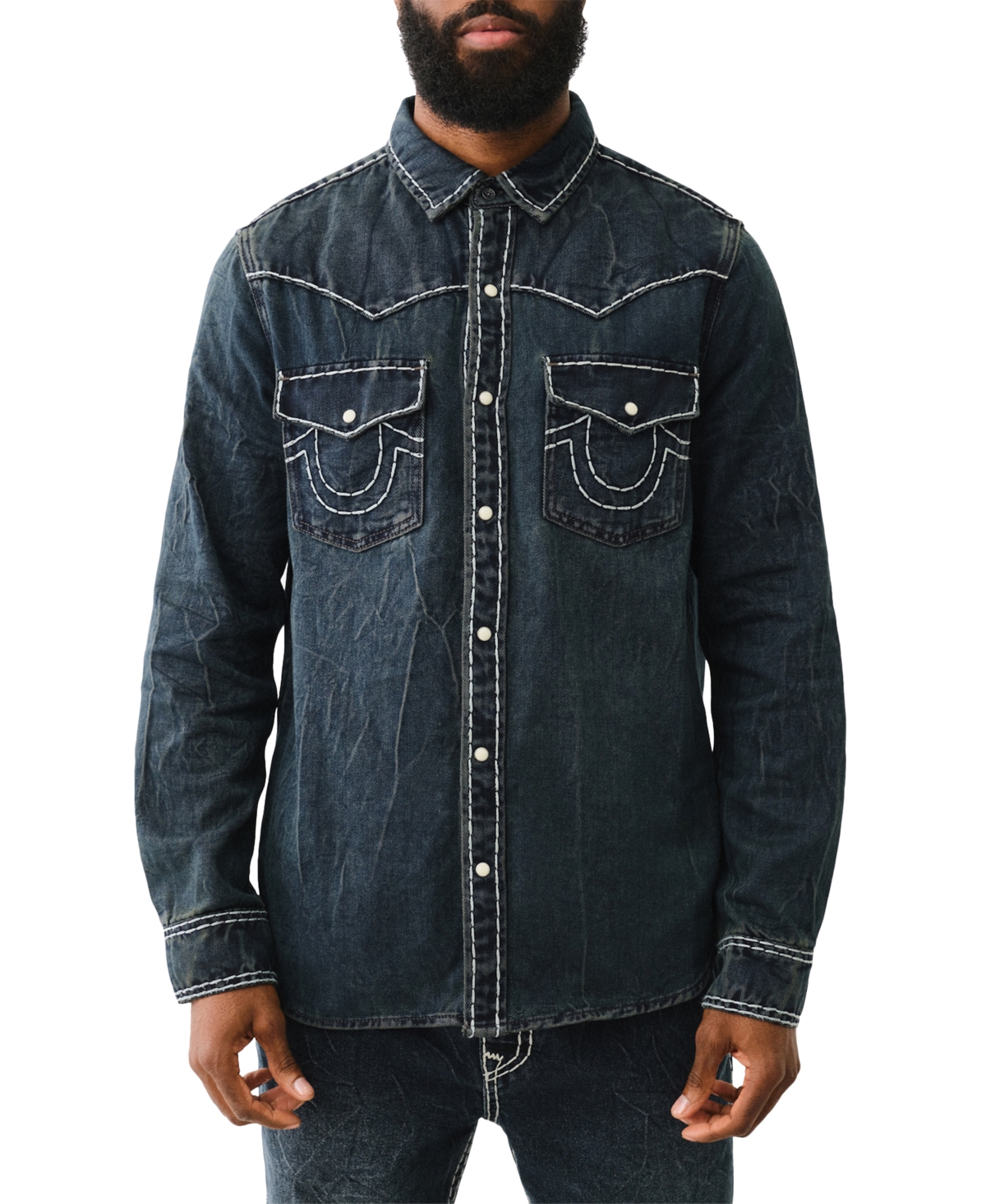 True Religion Men's Super T Western Long Sleeve Denim Button-front Shirt In Fleet Blue