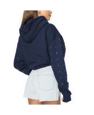 Women's Navy Michigan Wolverines Can't Lose Rhinestone Cropped Pullover Hoodie