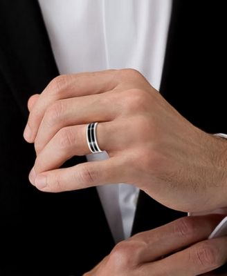 Men's White Ceramic & Double-Row Black Carbon Fiber Inlay Band 