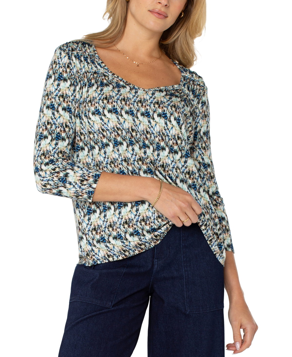 Liverpool Los Angeles Womens Printed Shirred Top Xs 3x In Blue Mlt Textre