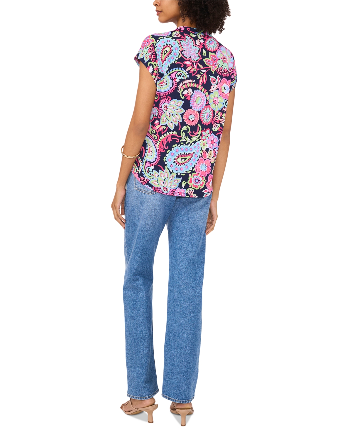 Vince Camuto Women's Paisley-Print Split-Neck Cap-Sleeve Top