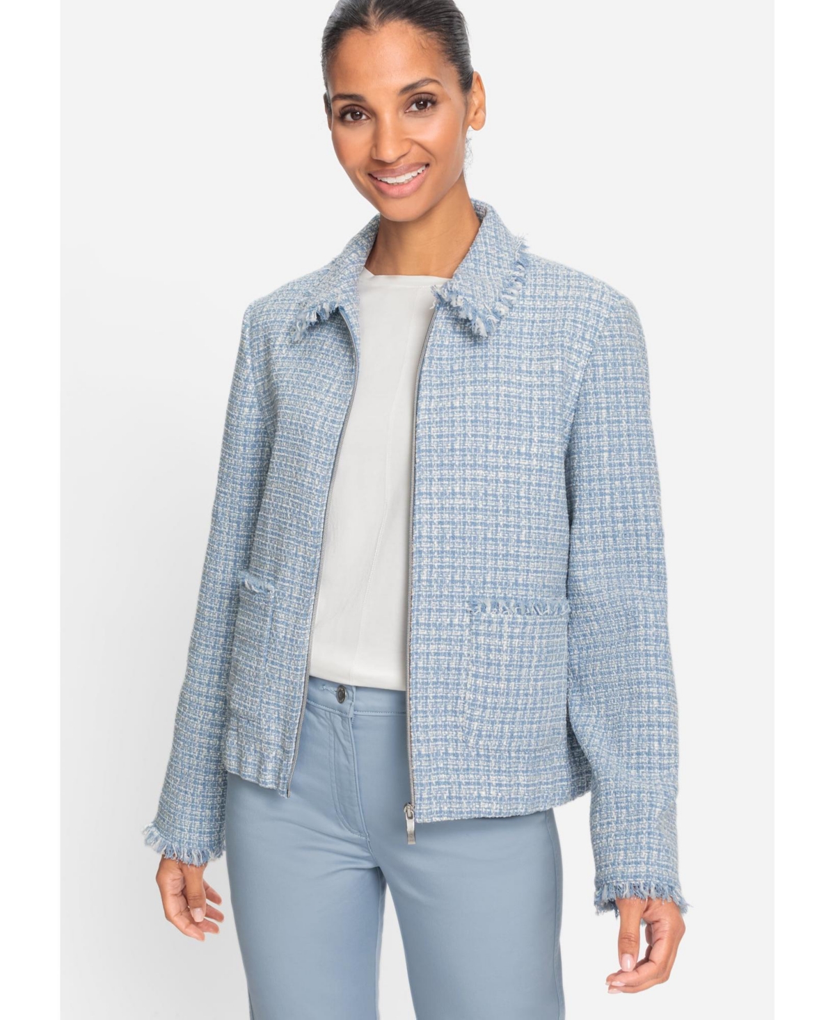 Women's Zip Front Tweed Jacket - Lt blue