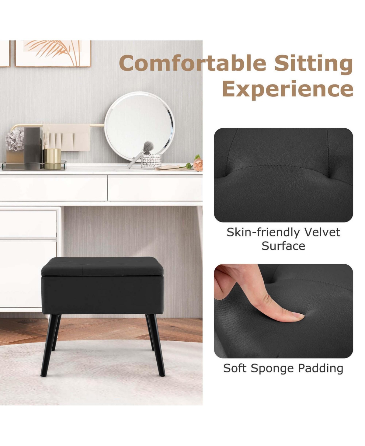 Costway 2 Pcs Velvet Vanity Stool Ottoman with Storage Solid Wood Legs Flip-Up Top