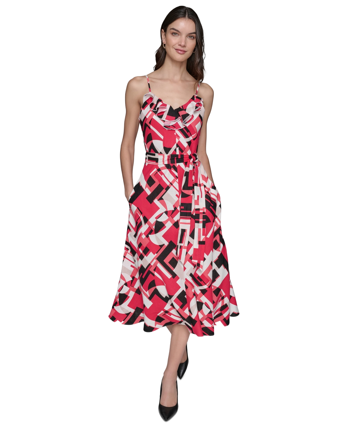 KARL LAGERFELD WOMEN'S GEO-PRINT SLEEVELESS MIDI DRESS 