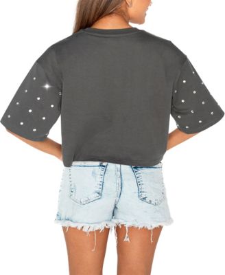 Women's Gray LSU Tigers Go Time Rhinestone Crop T-Shirt