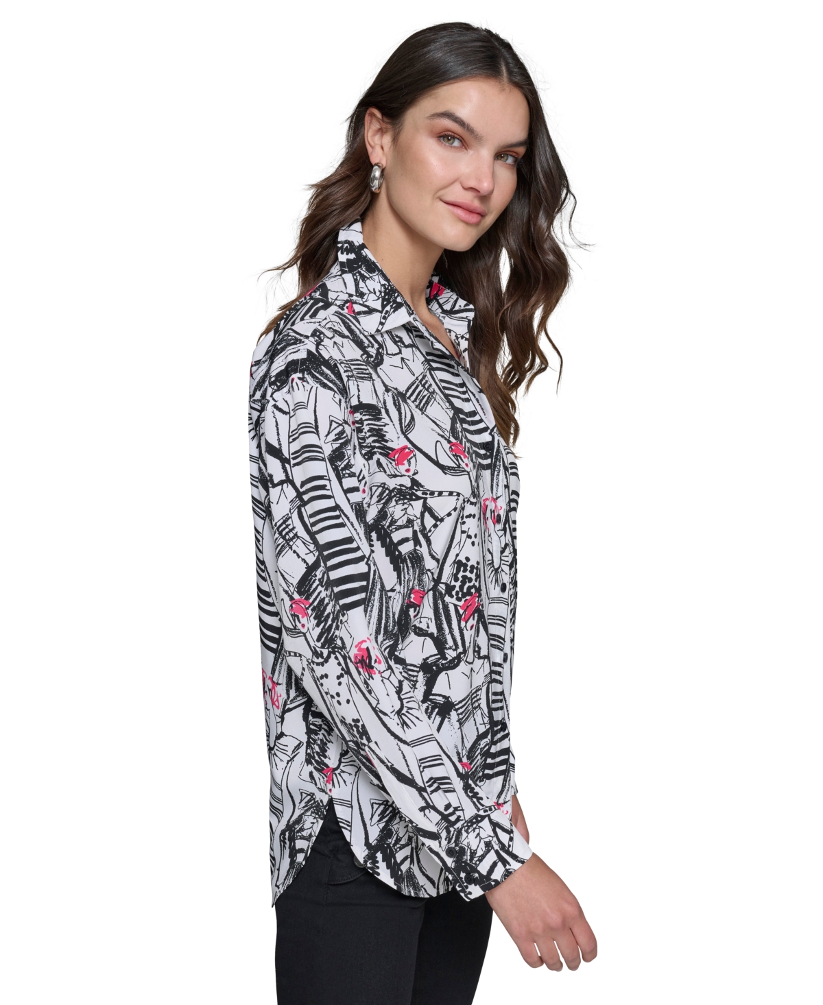 Karl Lagerfeld Paris Women's Printed Oversized Button-Front Top - Soft White  Teaberry
