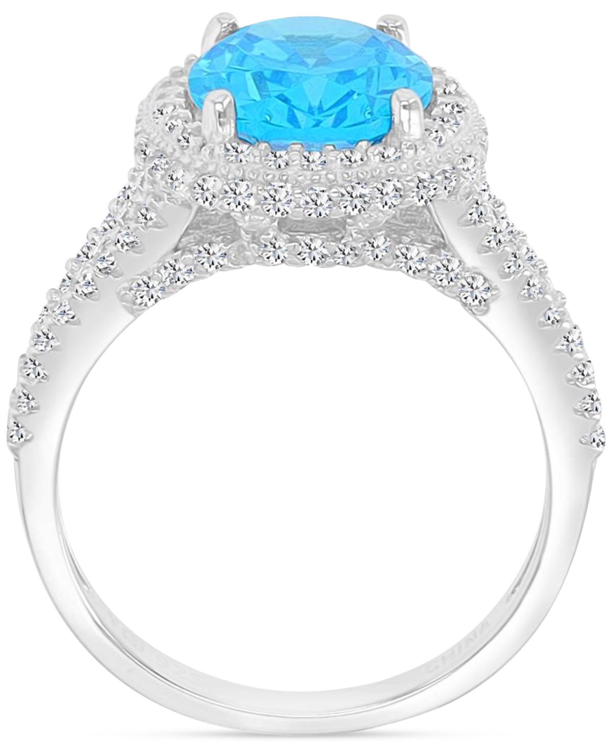 Macy's Pink & White Cubic Zirconia Oval Halo Split Shank Ring In Sterling Silver (also Available In Blue) In Blue