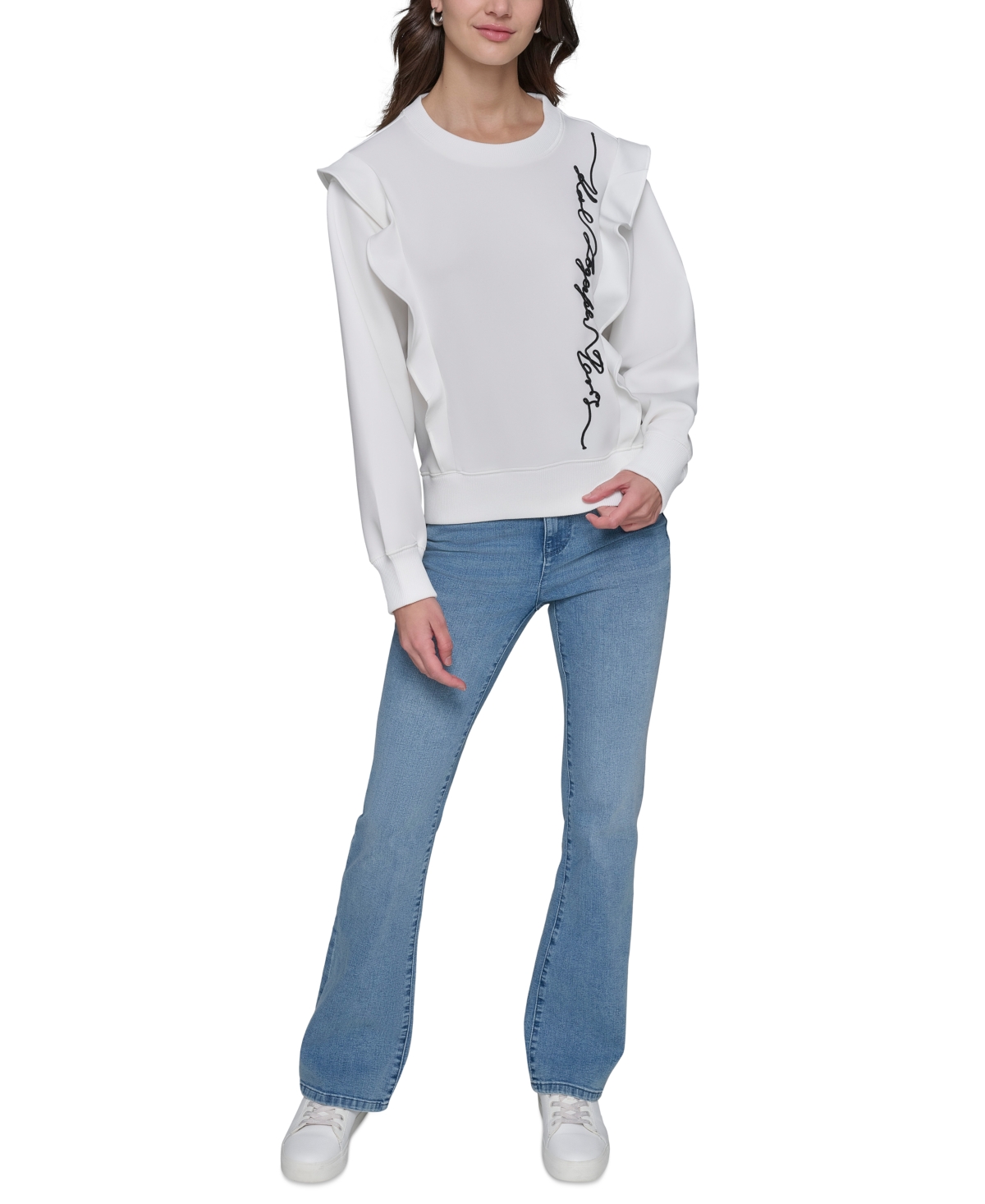 Shop Karl Lagerfeld Women's Ruffle Logo Crewneck Sweatshirt In Soft White
