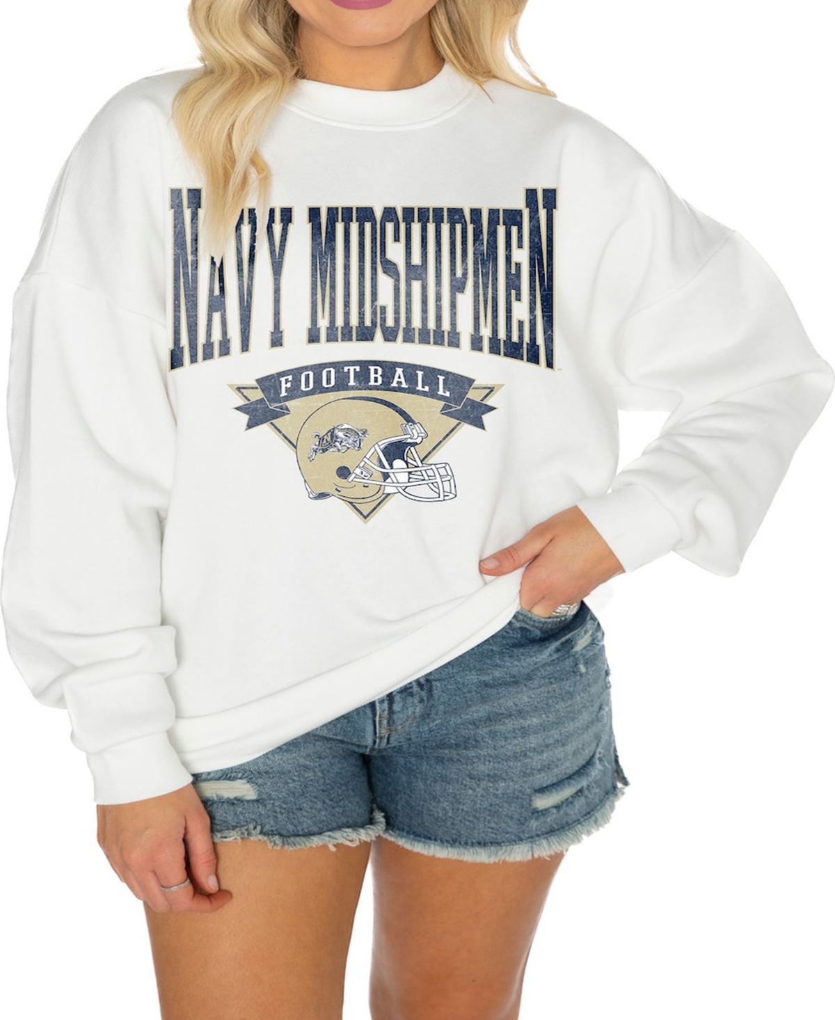 Women's White Navy Midshipmen Good Vibes Premium Fleece Drop Shoulder Pullover Sweatshirt - White