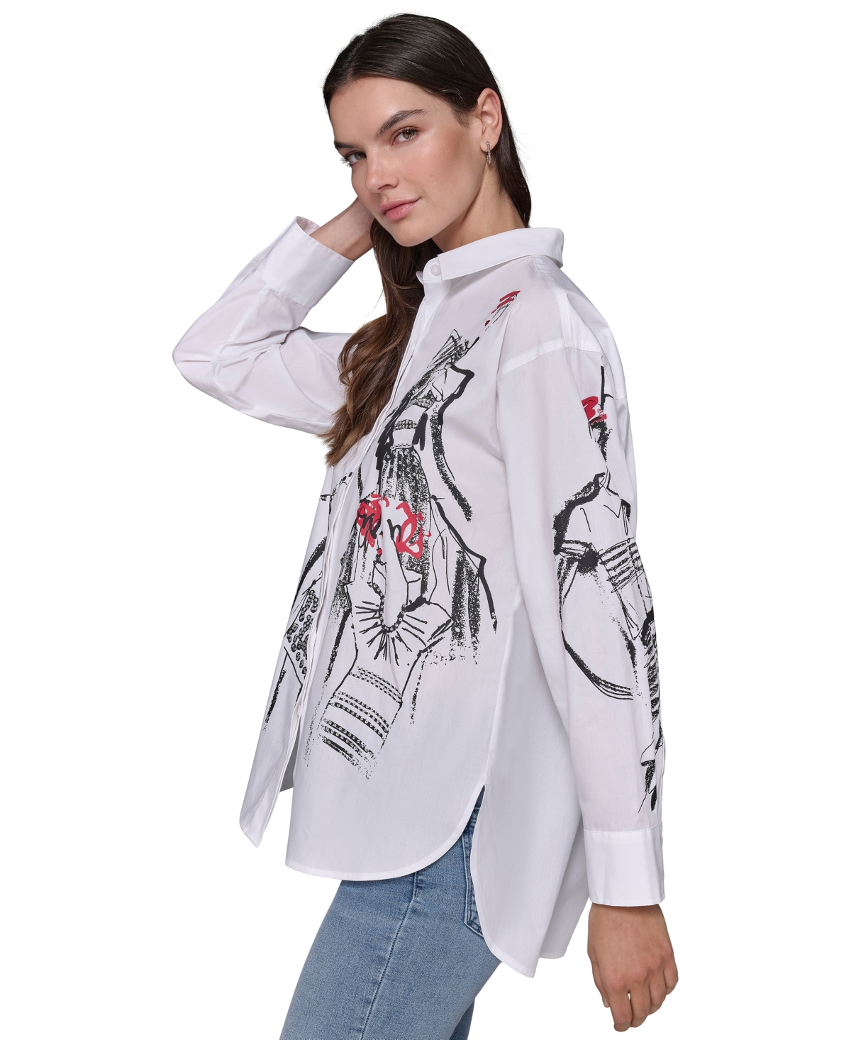 Shop Karl Lagerfeld Women's Cotton Poplin Sketch Girl Button-front Top In White