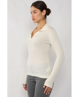Women's Tissue Weight Cashmere Silk Rib-knit Johnny Collar Polo Sweater