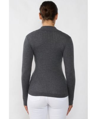 Women's Tissue Weight Cashmere Silk Rib-knit Johnny Collar Polo Sweater