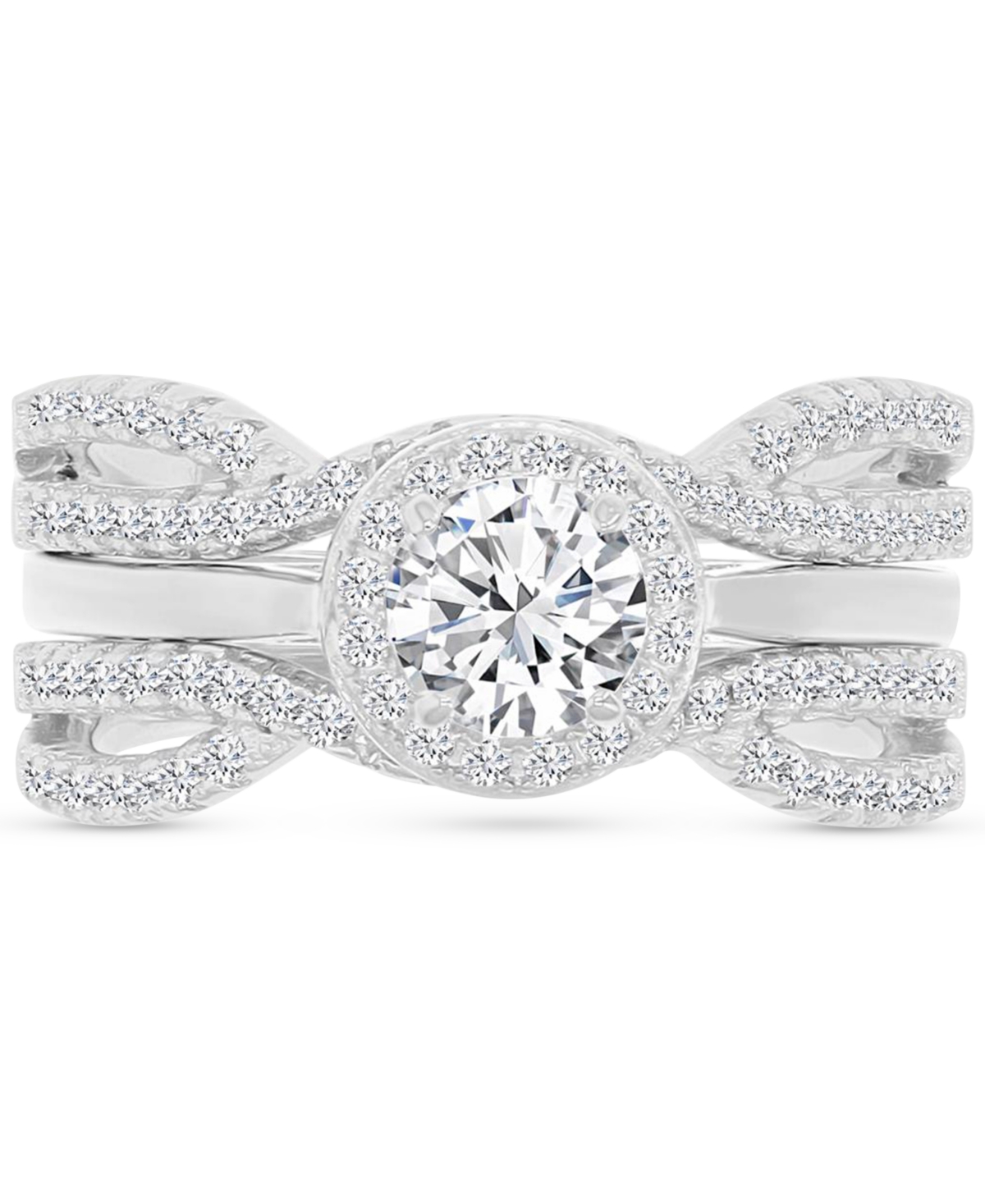Macy's Cubic Zirconia Halo Solitaire Twist Style Stack-look Statement Ring In Silver