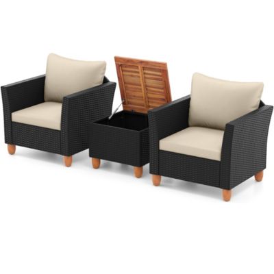 3PCS Outdoor Patio Rattan Furniture Set Wooden Table Cushioned Sofa