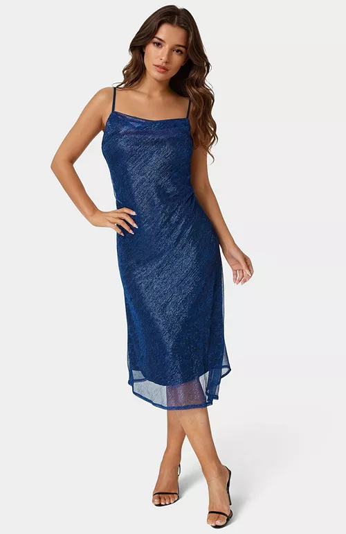 women's pleat cowl midi dress