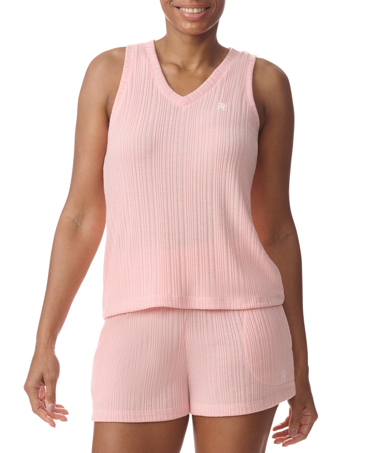 Shop Tommy Hilfiger Women's 2-pc. Th V-neck Top & Boxer Shorts Pajama Set In Peachskin