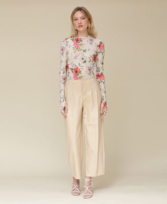 Avec Les Filles Womens Wildflower Printed Long Sleeve Mesh Top Faux Leather Darted Waist Pants