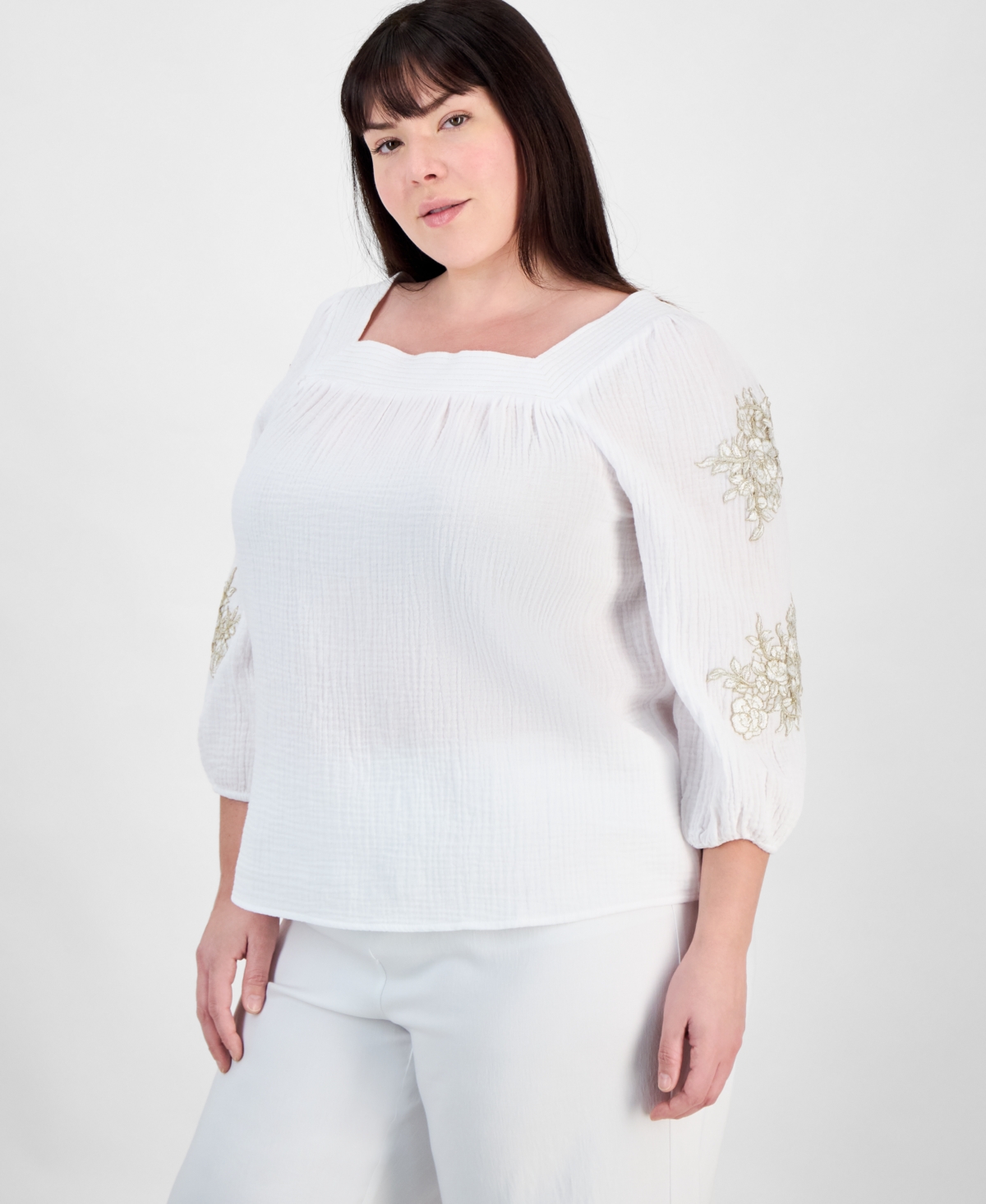 JM COLLECTION PLUS SIZE COTTON SQUARE-NECK FLORAL-APPLIQUE TOP, EXCLUSIVELY AT MACY'S 