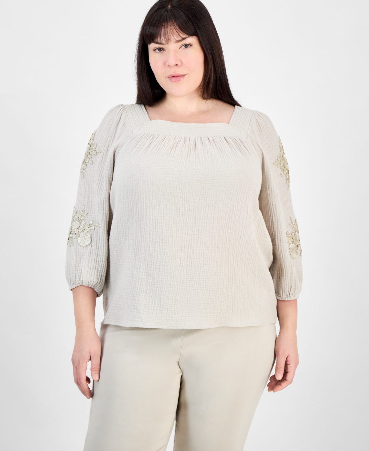 JM COLLECTION PLUS SIZE COTTON SQUARE-NECK FLORAL-APPLIQUE TOP, EXCLUSIVELY AT MACY'S 