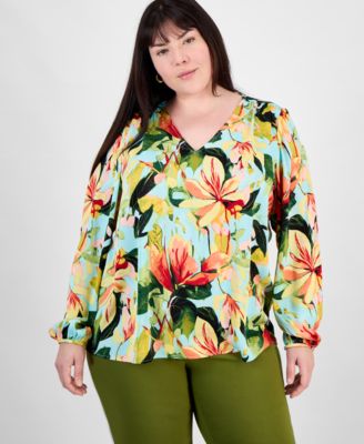 JM Collection - Plus Size Printed V-Neck Long-Sleeve Top