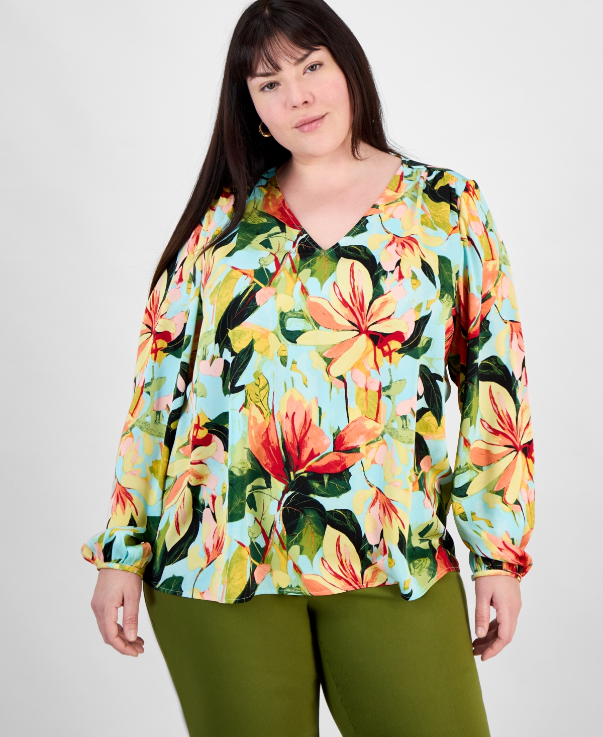Jm Collection Plus Size Printed Long-sleeve Top, Exclusively At Macy's In Teal Spark