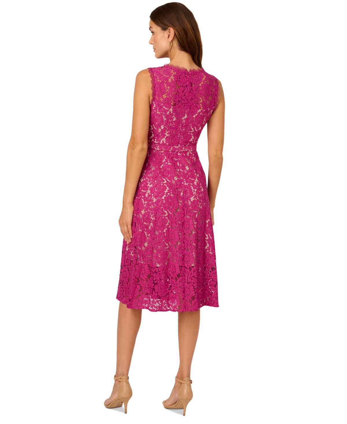 Adrianna Papell Belted Sleeveless Lace Midi Dress In Orchid