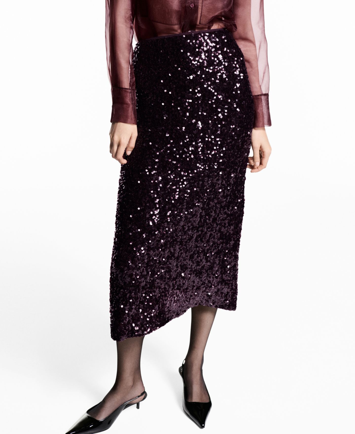 Женская юбка Mango Sequin Midi, цвет: Бордовый — фото 6
