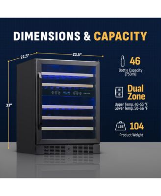 24-inch 46 Bottle Wine Cooler Refrigerator, Built-in Dual Zone Wine Fridge in Black Stainless Steel, Quiet Operation with Beechwood Shelves