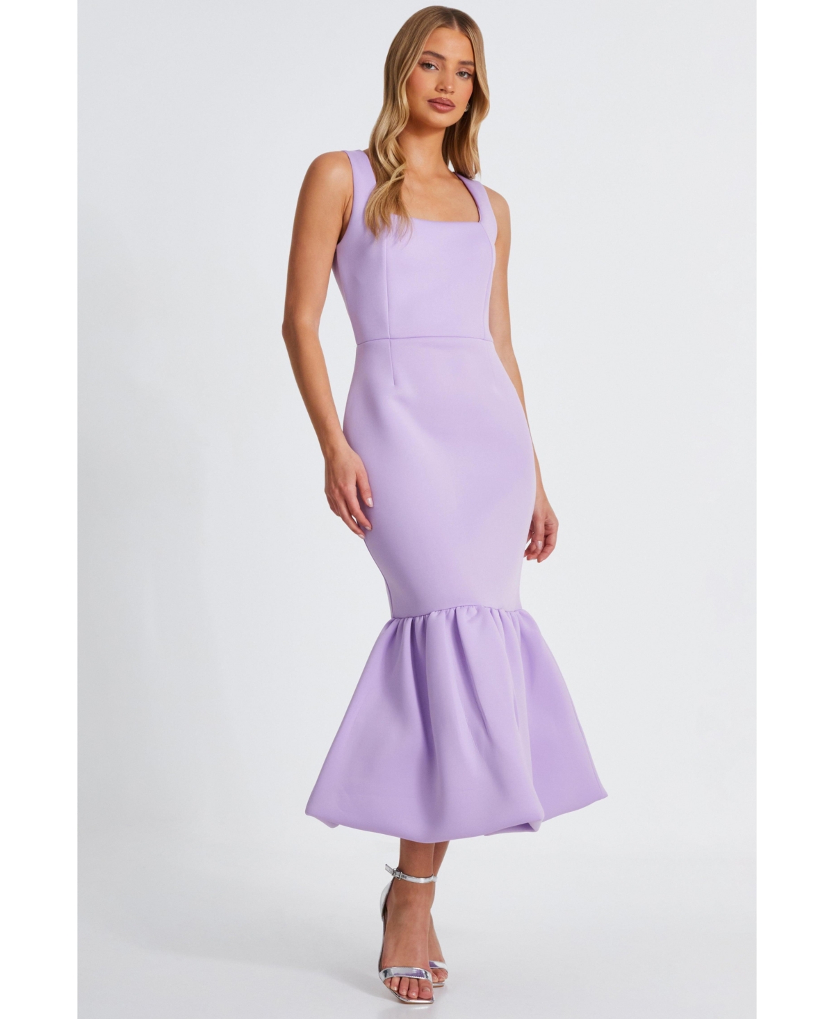 Women's Scuba Foam Square Neck Bubble Hem Maxi Dress - Lilac
