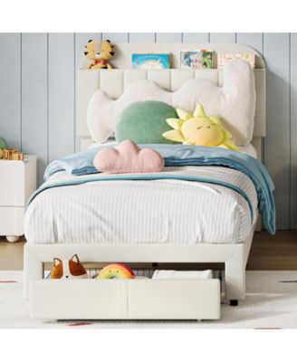 Twin Bed Frame with Drawer, Velvet Upholstered Platform Bed Frame with Storage Headboard, No Box Spring Needed, Easy Assembly, Noise-Free