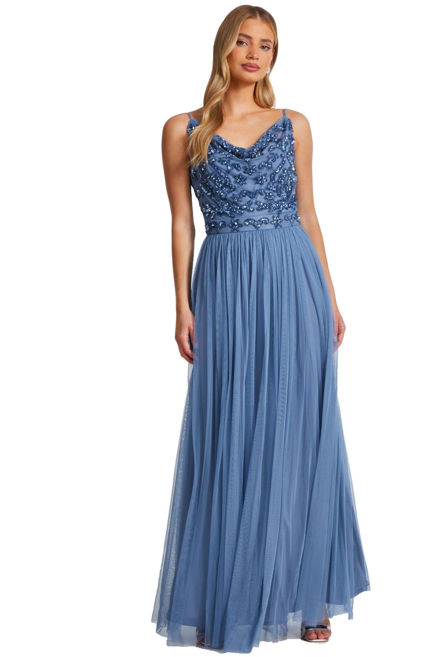 Women's Mesh Cowl Neck Beaded Maxi Dress