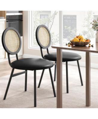 Dining Chairs Set of 2, Kitchen Chairs with Thicken Upholstered, Modern Black Dining Room Chairs Set of 2, Space Saving Dining Chairs with Metal Legs for Living Room, Natural Rattan