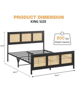King Size Rattan Bed Frame with Headboard, Black Boho Cane Platform Bed Frame with Strong Metal Slat, Noise Free, No Box Spring Needed