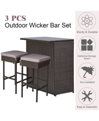 3 Pieces Patio Rattan Wicker Bar Table Stools Dining SetOff