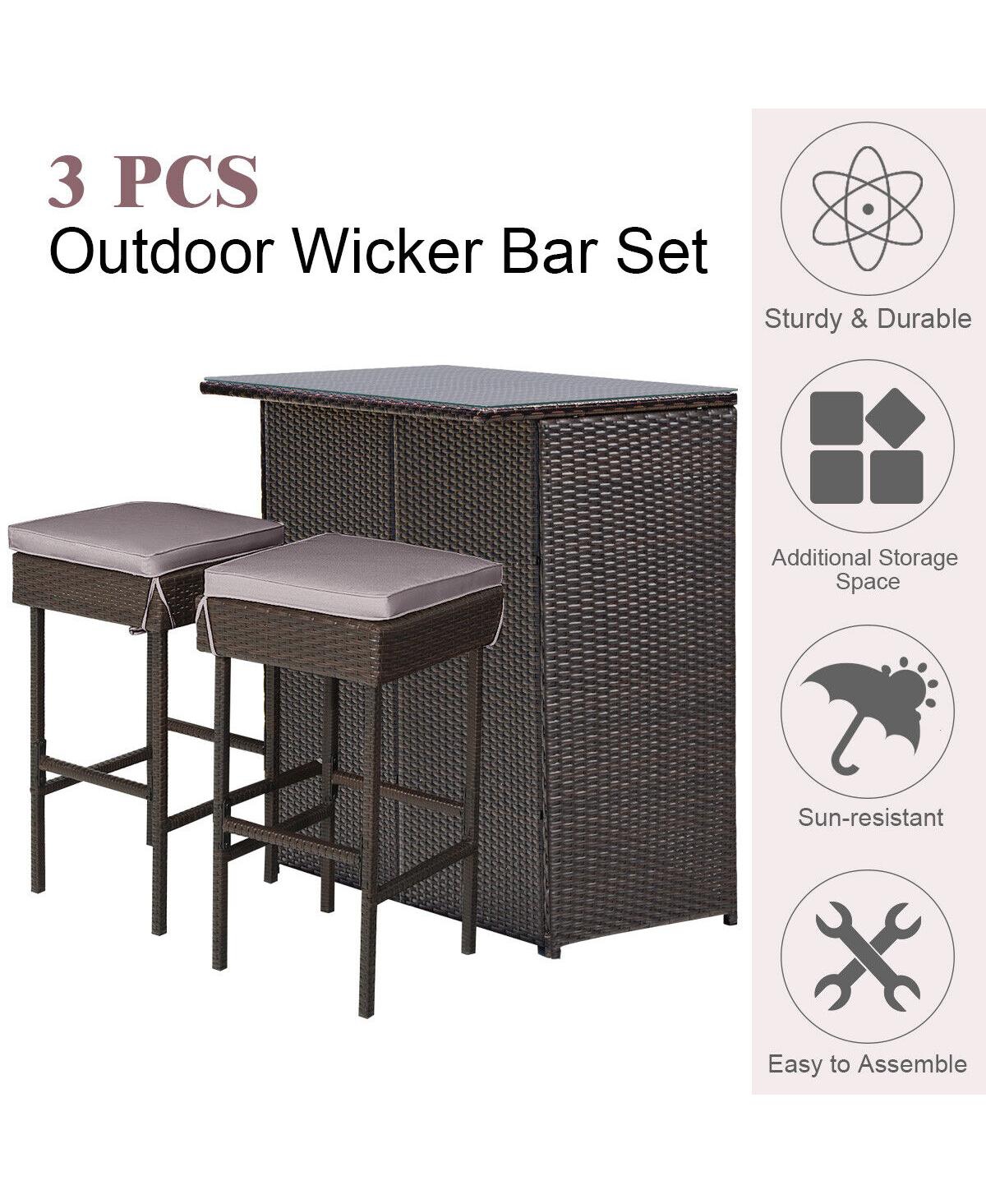 Gouun 3 Pieces Patio Rattan Wicker Bar Table Stools Dining SetOff