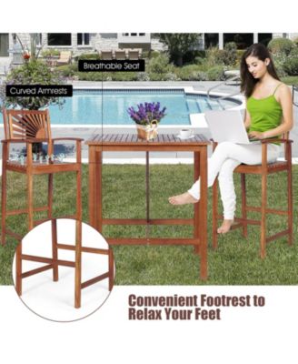 3 Pieces Acacia Wood Patio Bar Set with Sunflower Patterned Backrest