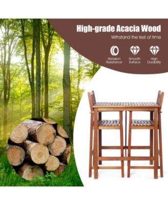 3 Pieces Acacia Wood Patio Bar Set with Sunflower Patterned Backrest