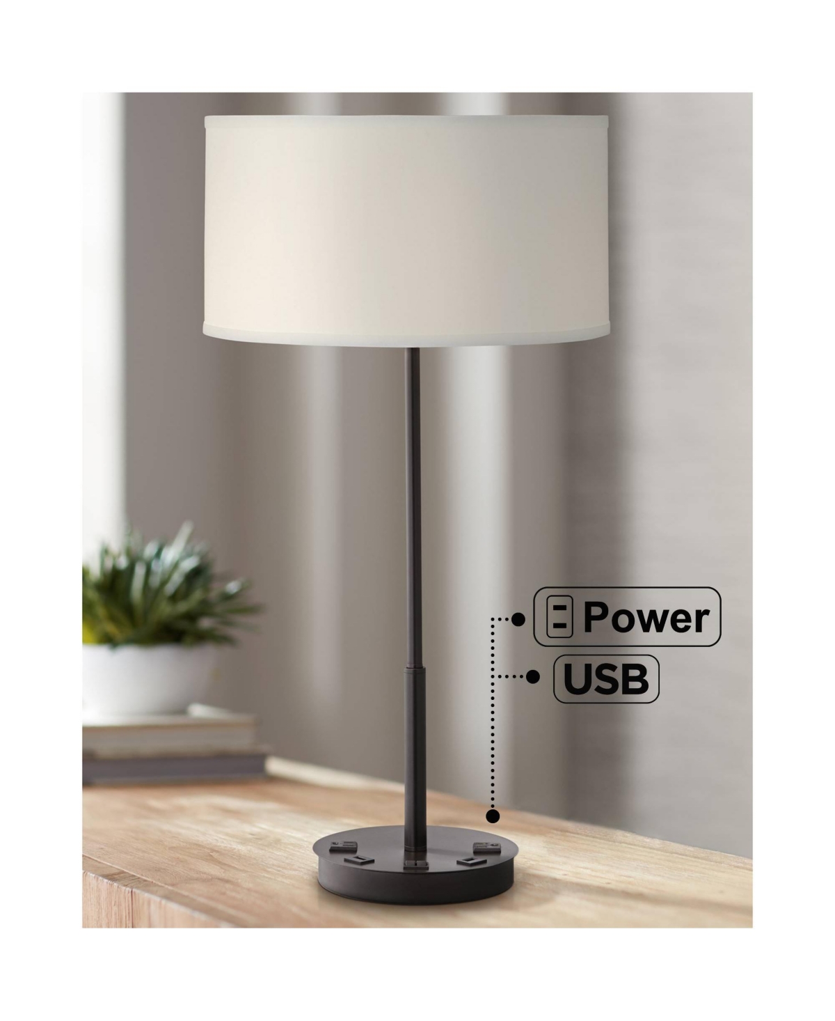 360 Lighting Undine Tall Skinny Modern Table Lamp Usb Ports Ac Power Outlets Dark Bronze Metal Single Off-White Shade Living Room Charging Bedroom