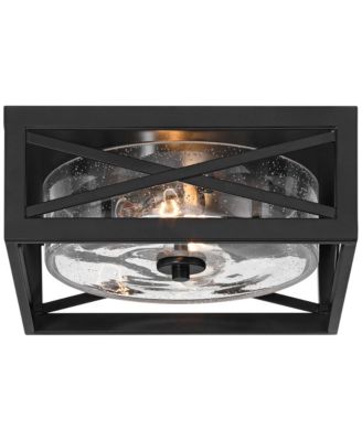 Drake 12" Modern Industrial Flush-Mount Ceiling Light Fixture Kitchen Foyer Hallway Round 2-Light Black Clear Seeded Glass Metal Bedroom Bathroom Entryway Living Room Indoor Mini