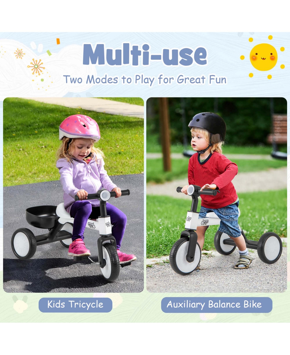 Costway 2-In-1 Kids Tricycle Auxiliary Balance Bike with Detachable Pedals Toddler Tricycle