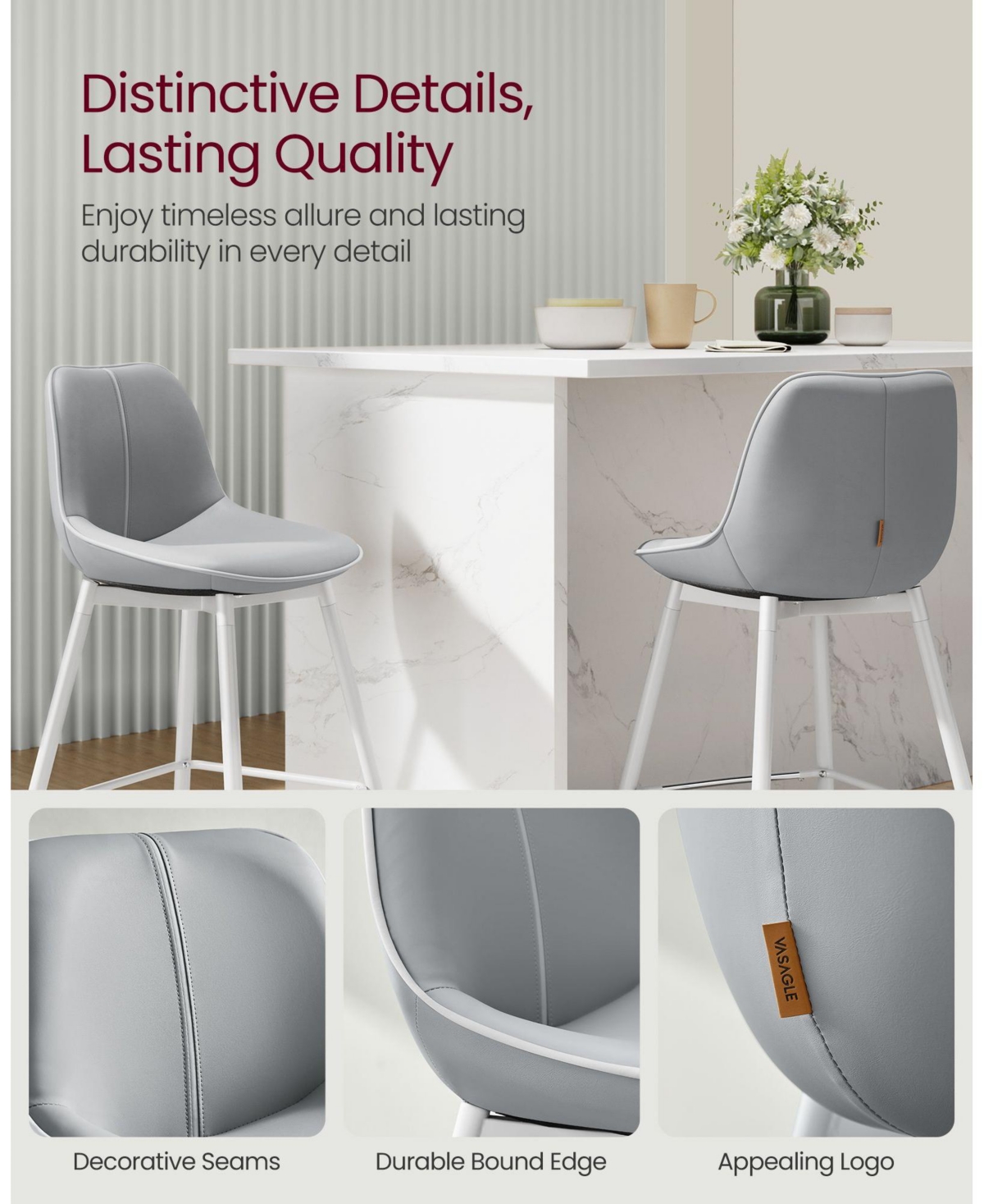 Slickblue Bar Stools Counter Height Stools with Back, Ergonomic Backrest, Synthetic Leather and Metal Legs (Set of 2)