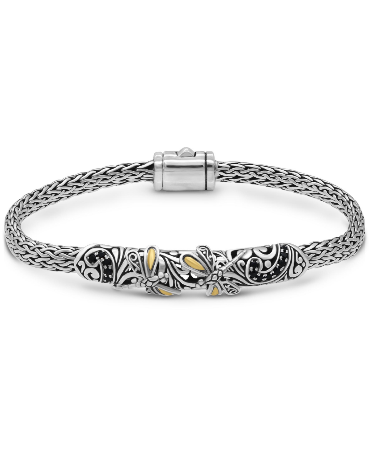 Black Spinel & Bali Dragonfly with Dragon Bone Chain Bracelet in Sterling Silver and 18K Gold, Medium 7.5 in - Silver, gold, black