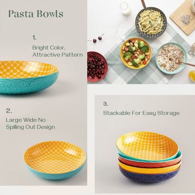 9.75" Ceramic Pasta Bowls – 50oz Large Shallow Salad Serving Bowls & Plates, Set of 4, White, Microwave & Dishwasher Safe