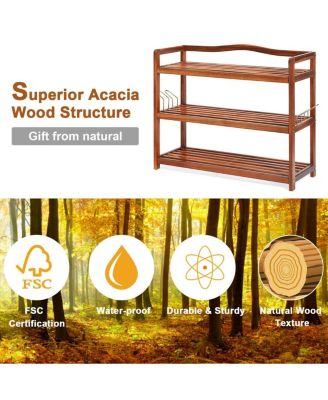 3-Tier Acacia Wood Shoe Rack with Side Metal Hooks