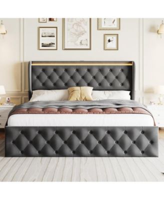 King LED Platform Bed Frame with Charging Station, Velvet Upholstered Bed Frame with Button Wingback Headboard, Metal Frame with No Box Spring Needed