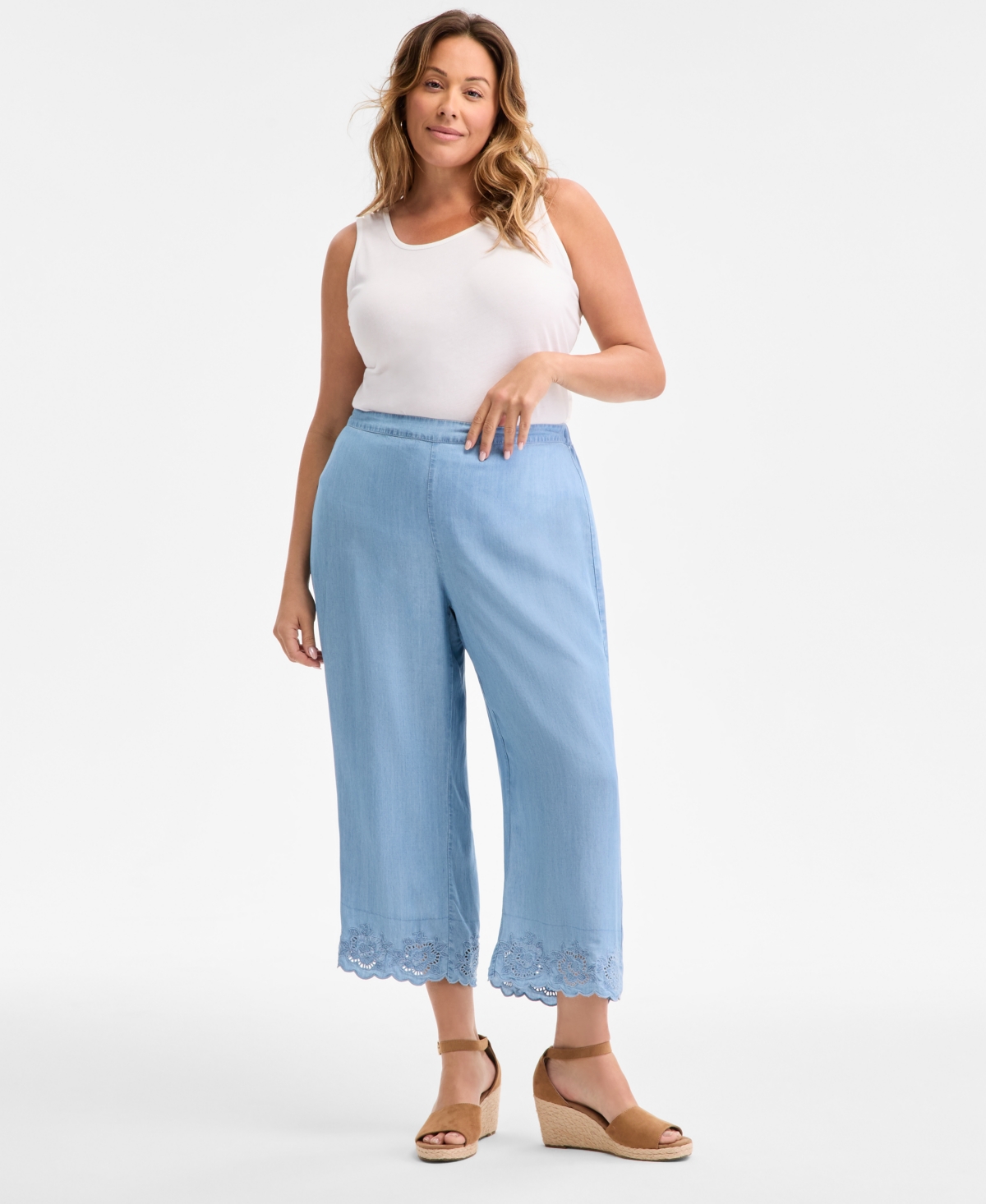 Style & Co Plus Size Embroidered-hem Chambray Pull-on Pants, Exclusively At Macy's In Anna Wash
