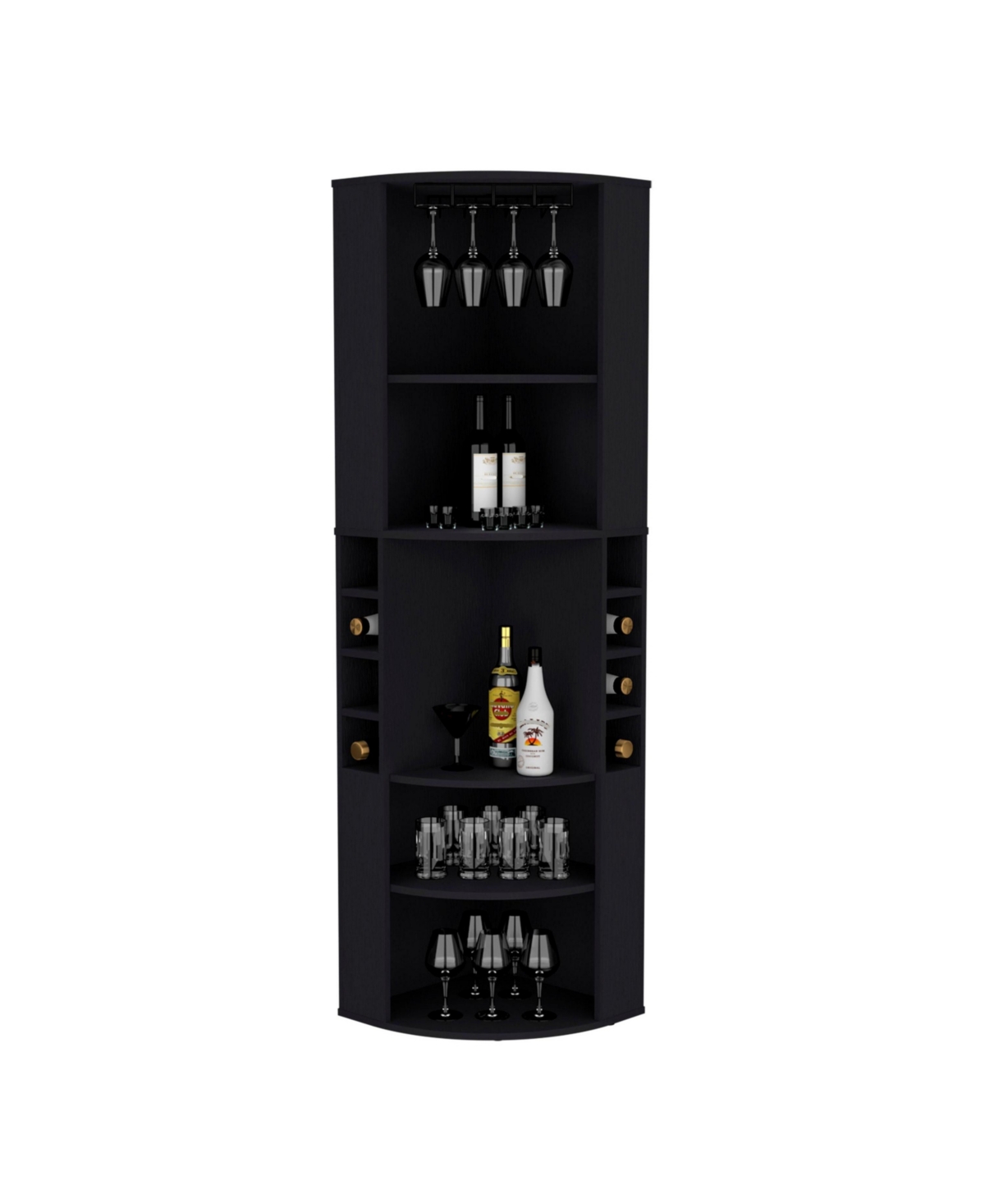 Depot E-Shop Agra Corner Bar Cabinet with Five Shelves, Eight Bottle Cubbies and Stemware,Macadamia