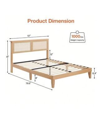 Rattan Bed Frame Queen With Natural Rattan Headboard,Queen Bed Frame With LED Lights,Rattan Queen Bed Frame With Headboard,Solid Wood Foundation With Silent Slats,No Box Spring Needed