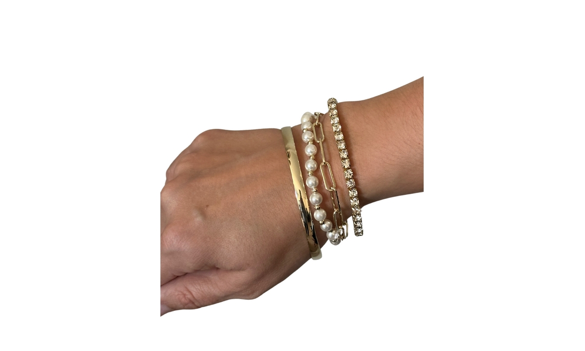 Rivka Friedman Mixed Gold, Pearl + Cubic Zirconia 4 Bracelet Set - Gold with clear cz